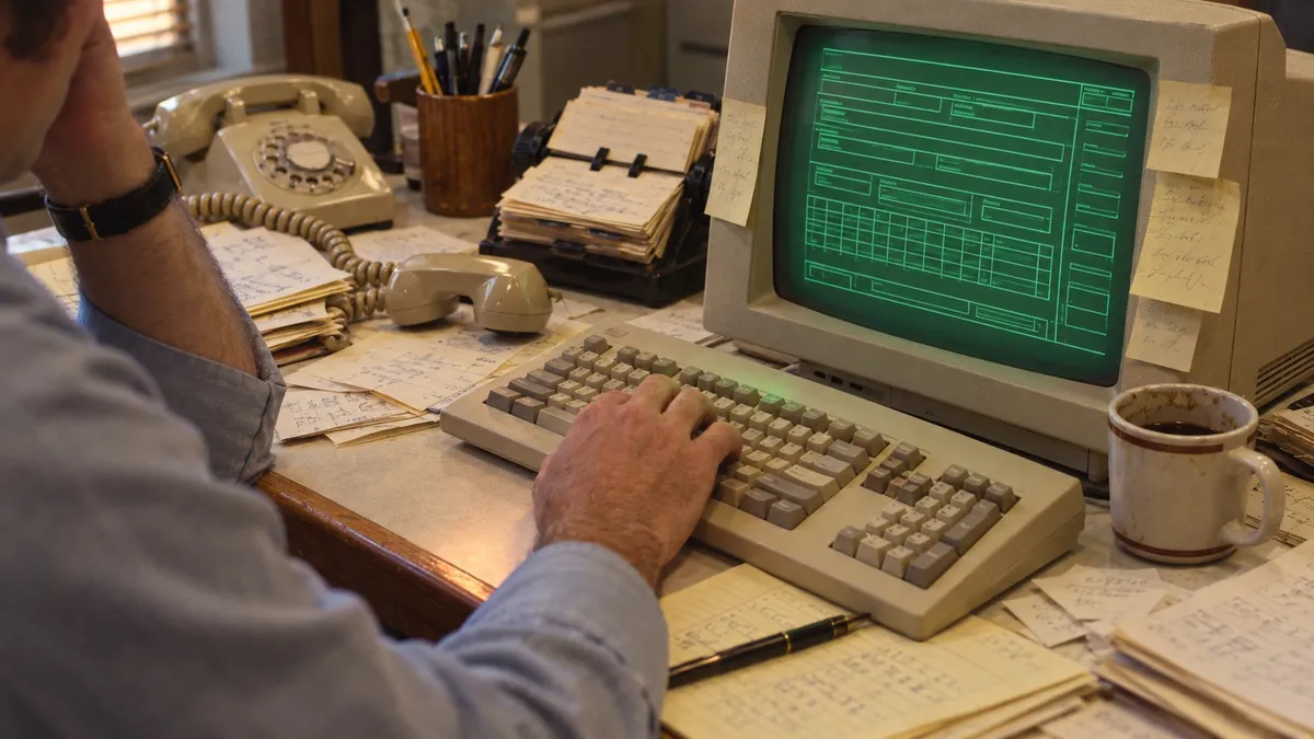 Foto de oficina de los años 80: una persona cansada, de espaldas, frente a un computador beige cuya pantalla verde muestra un formulario interminable; el escritorio está lleno de notas a mano, post-its y un teléfono descolgado.