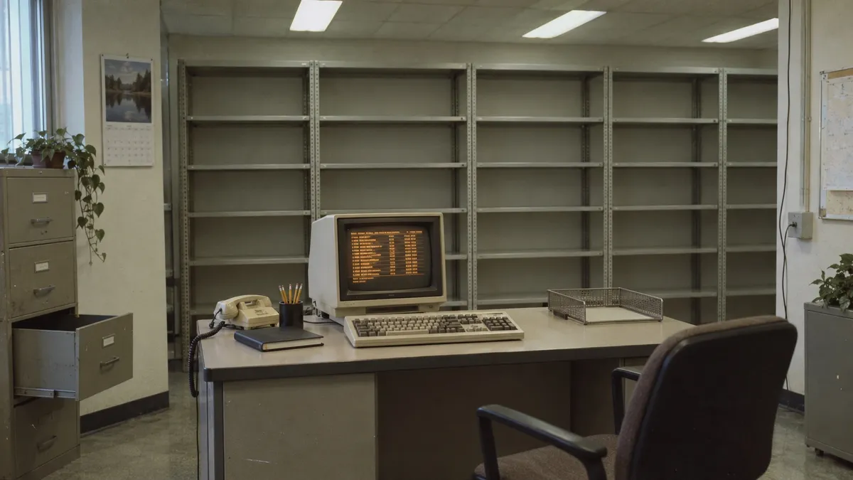 Una oficina administrativa de principios de los años 80: un escritorio con un terminal de pantalla ámbar encendido, teléfono, lápices nuevos y una bandeja de entrada vacía, con la silla retirada como si alguien fuera a sentarse. Detrás, de pared a pared, una estantería metálica de archivo con todos los entrepaños completamente vacíos.