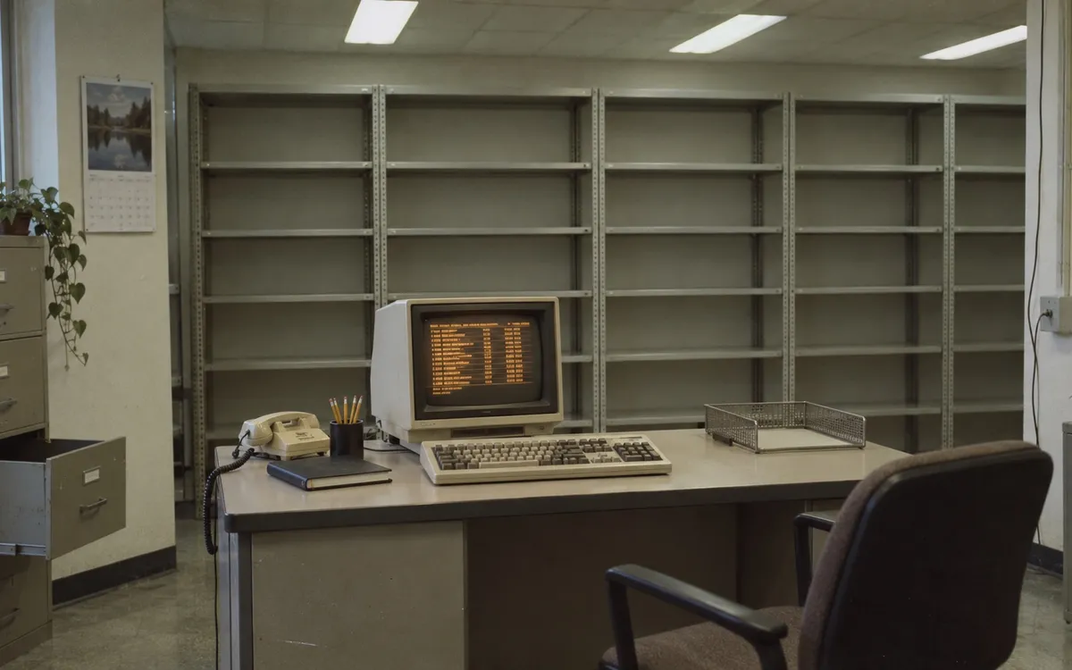 Una oficina administrativa de principios de los años 80: un escritorio con un terminal de pantalla ámbar encendido, teléfono, lápices nuevos y una bandeja de entrada vacía, con la silla retirada como si alguien fuera a sentarse. Detrás, de pared a pared, una estantería metálica de archivo con todos los entrepaños completamente vacíos.