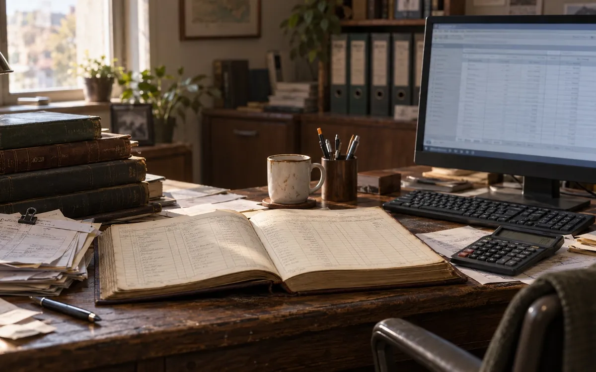El escritorio de un contador con luz de ventana: un libro de contabilidad antiguo abierto, libros apilados, recibos sueltos, una taza y una calculadora, junto a un monitor actual que muestra la misma información en filas.