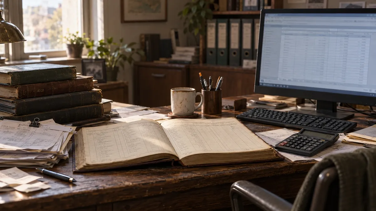 El escritorio de un contador con luz de ventana: un libro de contabilidad antiguo abierto, libros apilados, recibos sueltos, una taza y una calculadora, junto a un monitor actual que muestra la misma información en filas.